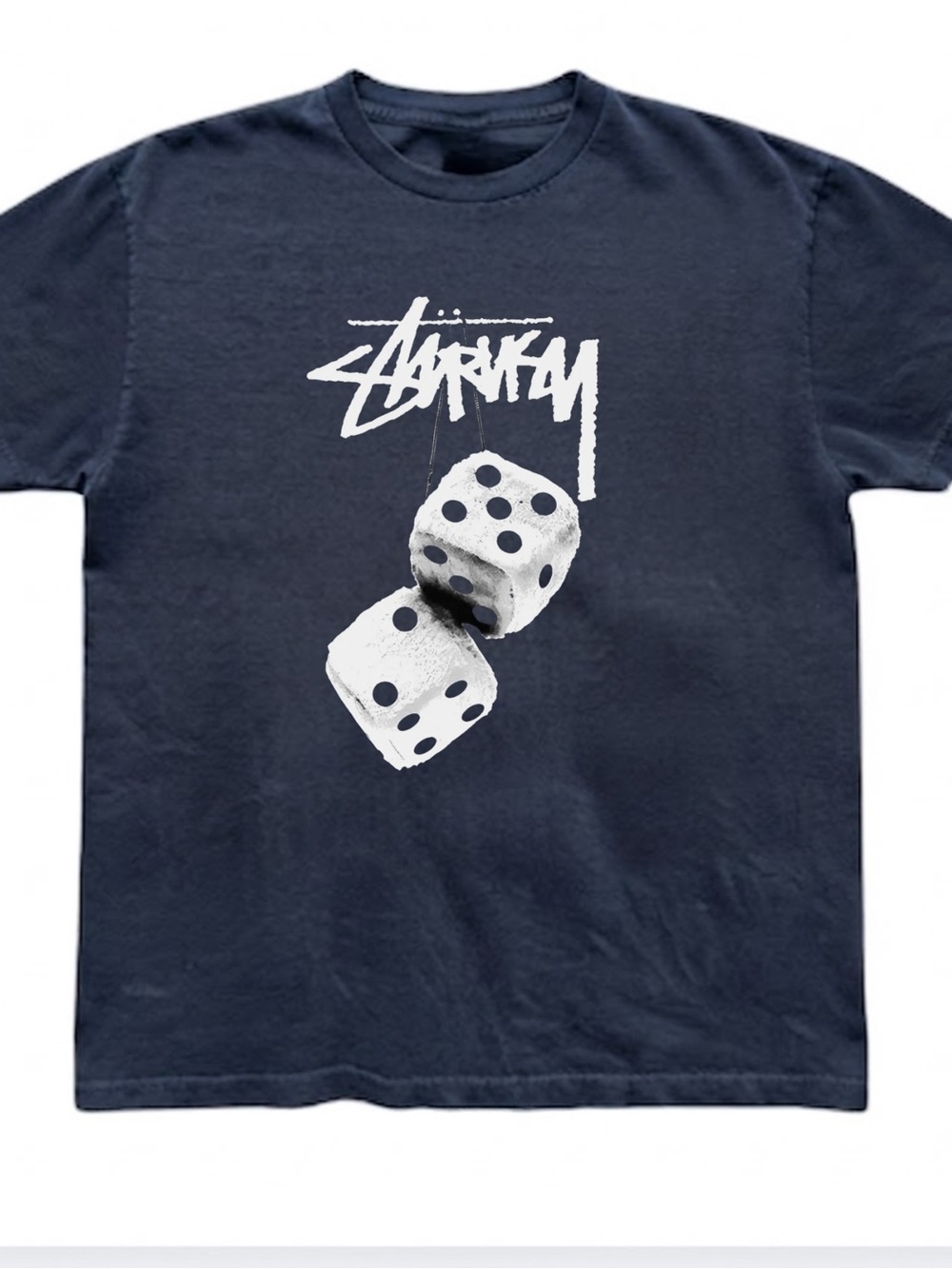 Stussy Navy T-Shirt with White Dice Graphic